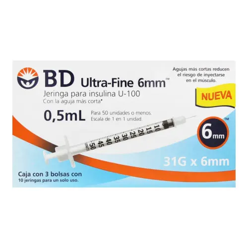 JERINGA 0.5ML PARA INSULINA ULTRA-FINE 31Gx6mm BD 326786