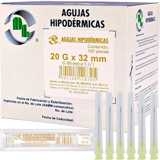 AGUJA HIPODERMICA 20Gx32MM 1 1/4" DL AGH20X32