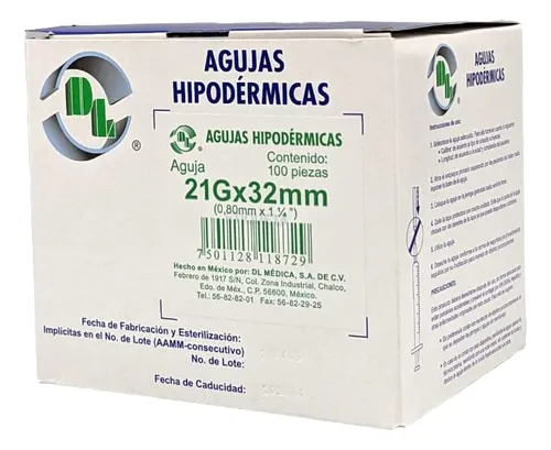 AGUJA HIPODERMICA 21Gx32MM 1 1/4" DL AGH21X32