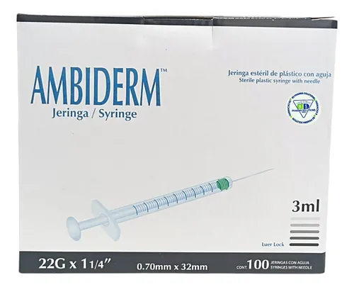 JERINGA CON AGUJA VOLUMEN 3ML, GAUGE 22G "AMBIDERM"  