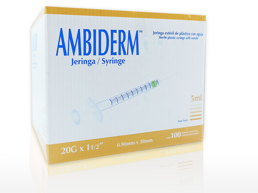 JERINGA CON AGUJA VOLUMEN 5ML, GAUGE 20G "AMBIDERM"  