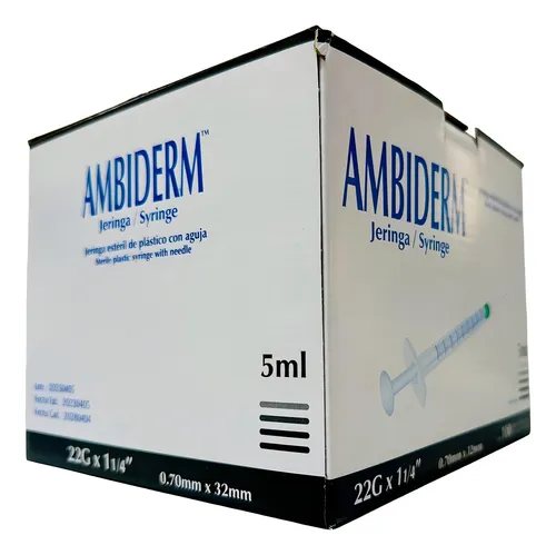 JERINGA CON AGUJA VOLUMEN 5ML, GAUGE 22G "AMBIDERM" 