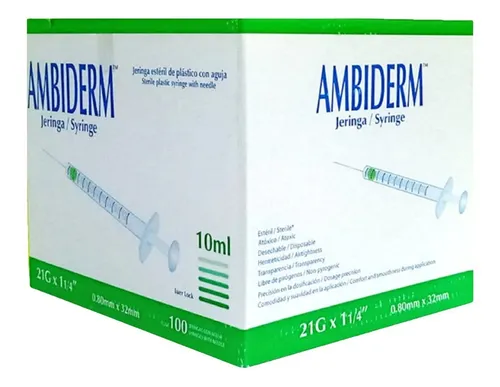 JERINGA CON AGUJA VOLUMEN 10ML, GAUGE 21G "AMBIDERM"   