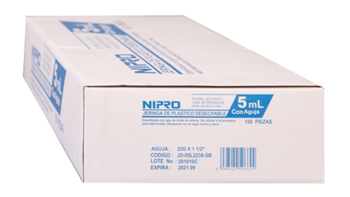 JERINGA 5ML LUER LOCK CON AGUJA 22Gx38mm 1 1/2 JD-05L2238 NIPRO